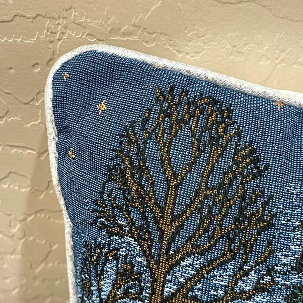 Winter Christmas Pillow Rectangle Church Village Blue Silver Holiday